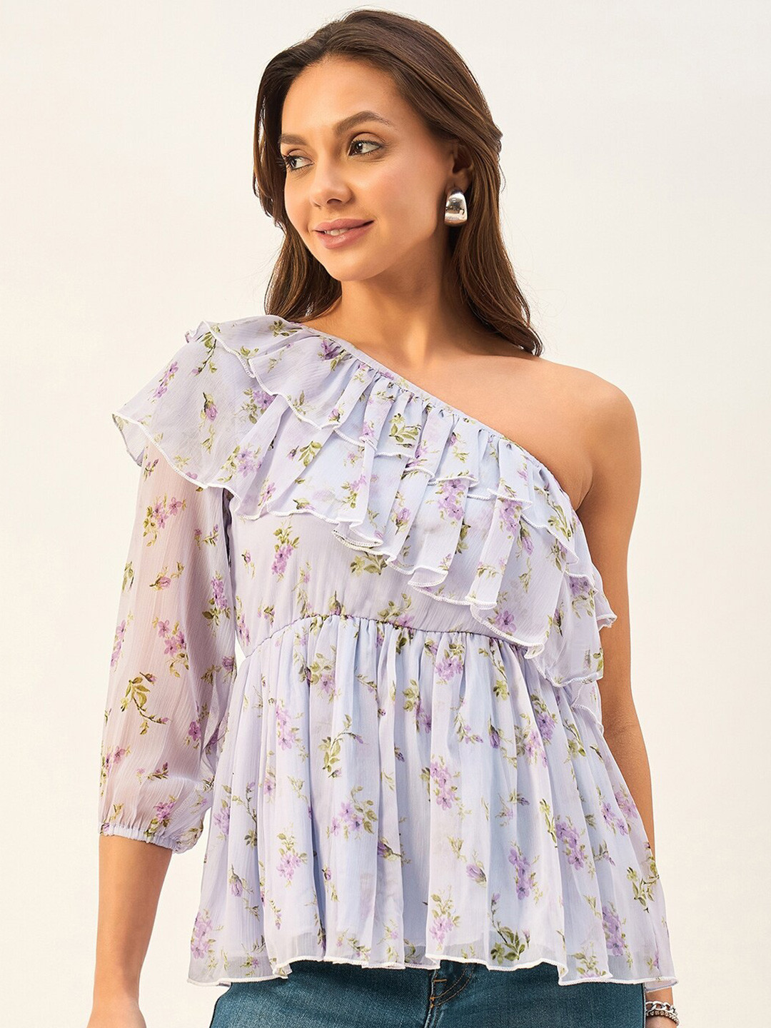 DRAPE AND DAZZLE Floral Print One Shoulder A-Line Top