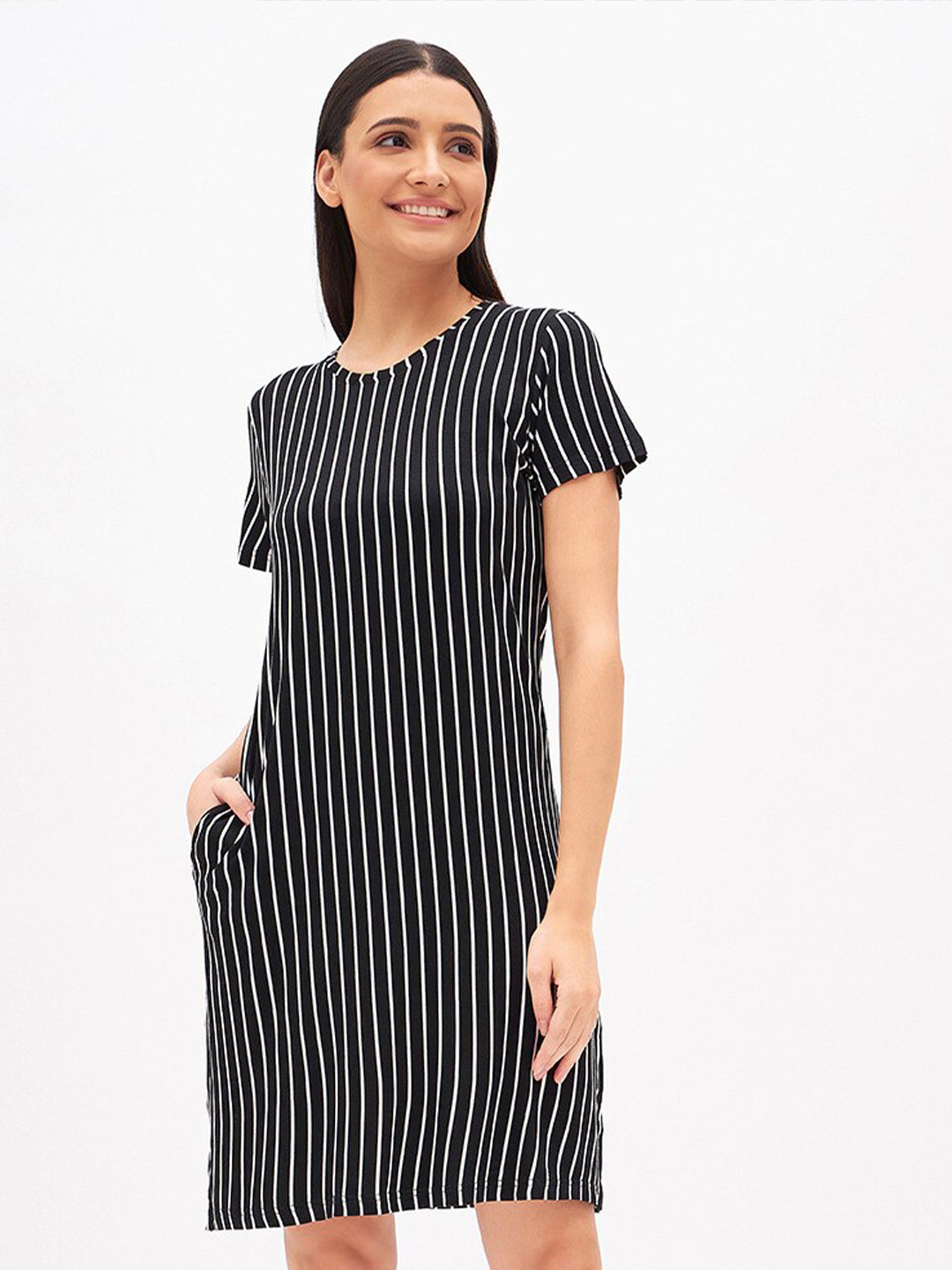 Sweet Dreams Black Striped Round Neck Nightdress