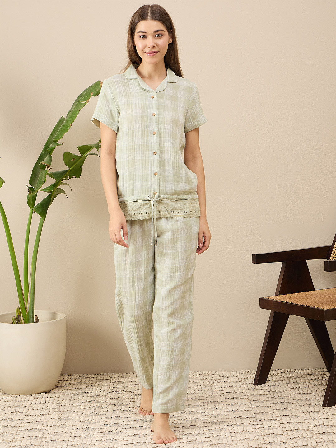 July Checked Pure Cotton Notched Lapel Collar Shirt With Trouser