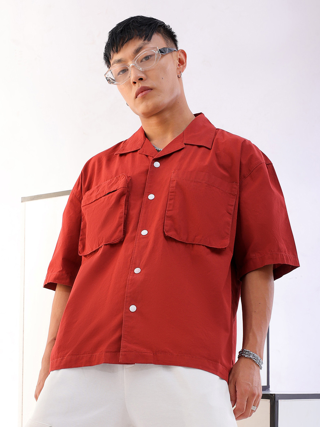 The Indian Garage Co Rust Boxy Fit Cuban Collar Drop-Shoulder Sleeves Pure Cotton Shirt