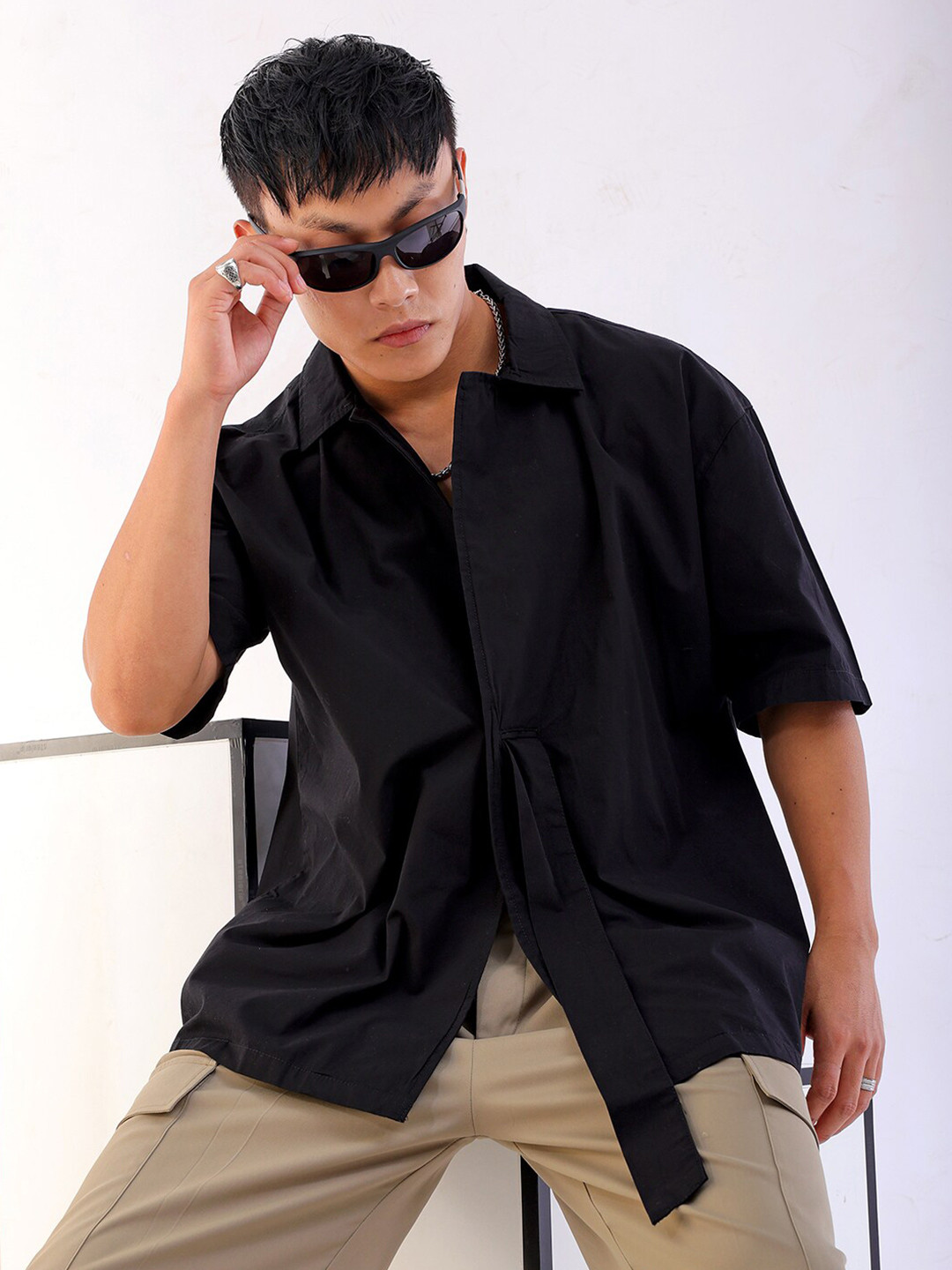 The Indian Garage Co Black Boxy Fit Cutaway Collar Drop-Shoulder Sleeves Pure Cotton Shirt