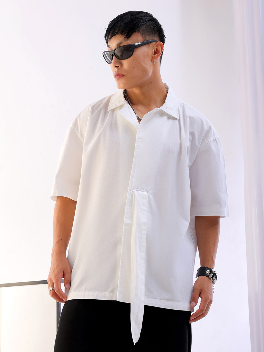 The Indian Garage Co White Boxy Fit Cutaway Collar Drop-Shoulder Sleeves Pure Cotton Shirt