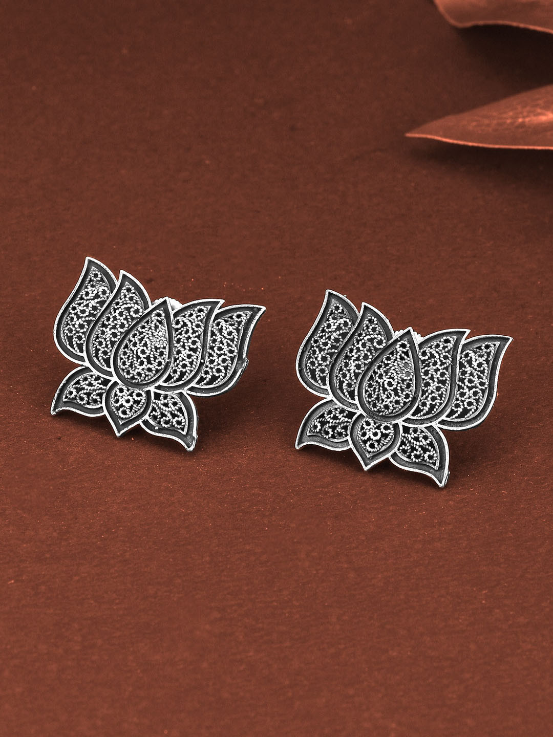 Adwitiya Collection Silver-Plated Lotus Shaped Studs