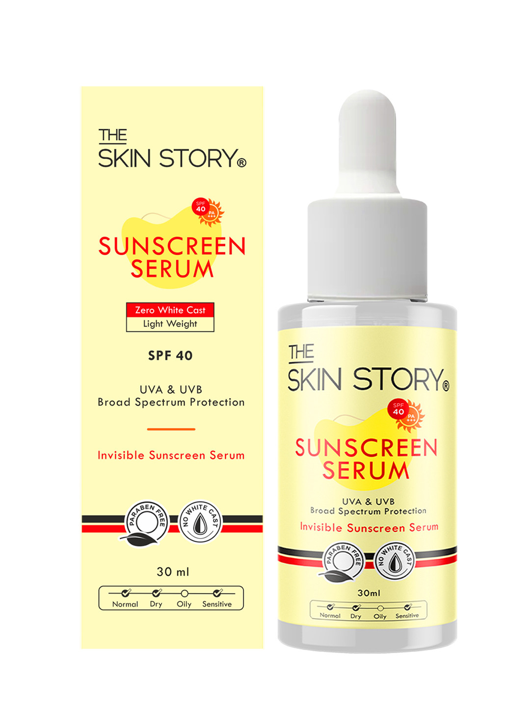 THE SKIN STORY Sunscreen Serum SPF 40 & PA+++  Lightweight No White Cast - 30ml