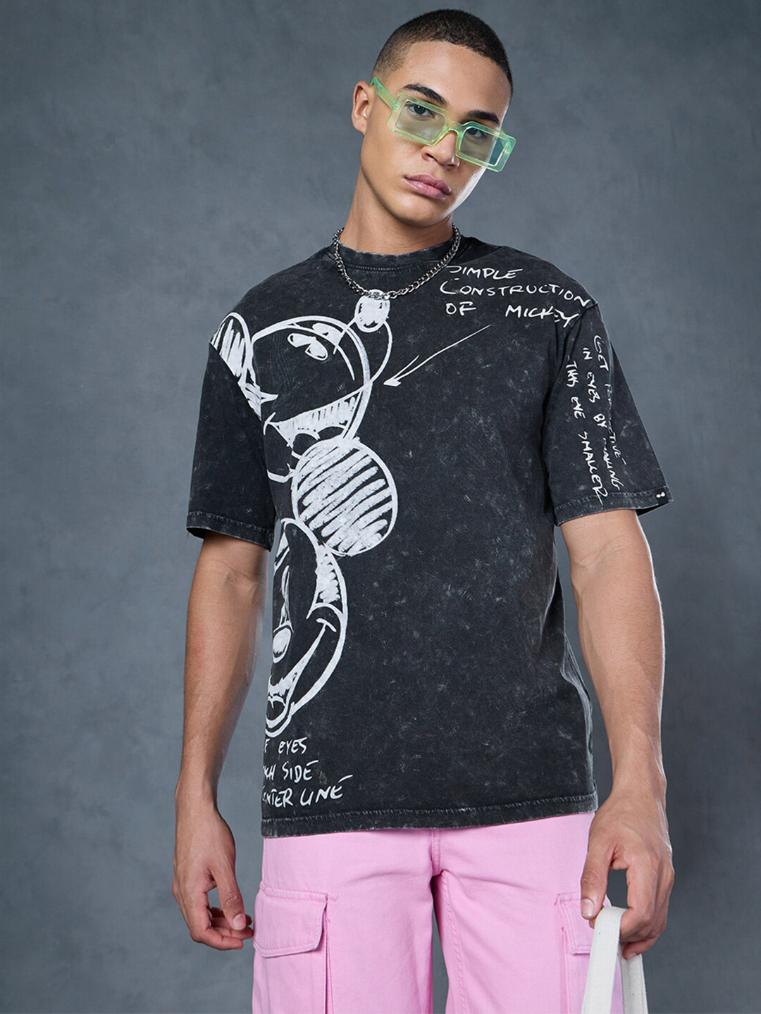 Bewakoof Mickey Mouse Printed Round Neck Short Sleeves Acid Wash Cotton Oversized T-shirt