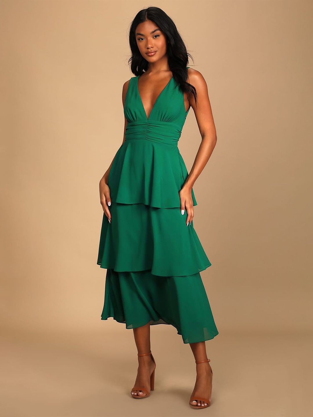 Buy RARE Green V Neck Layered Georgette Fit Flare Midi Dress Dresses for Women 29405360 Myntra