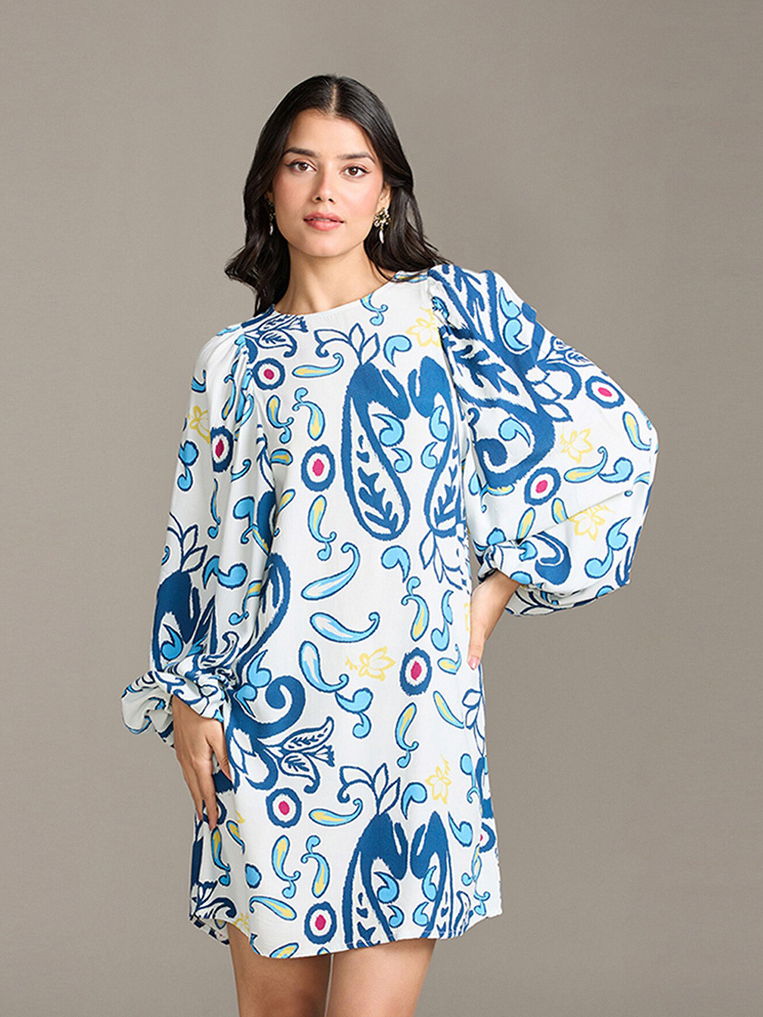 20Dresses xxd eclectic boho White Ethnic Motifs Print Puff Sleeve Crepe A-Line Dress