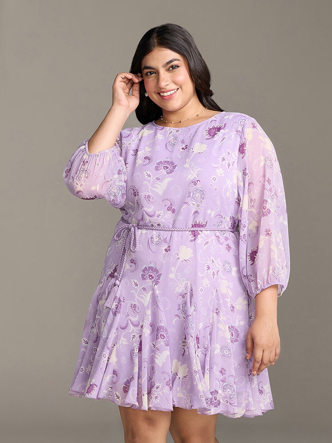20Dresses Plus Size Purple Floral Print Puff Sleeves Chiffon Fit & Flare Dress