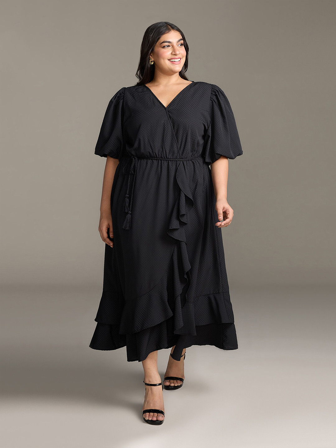 20Dresses Plus Size Black V-Neck Crepe A-Line Midi Dress