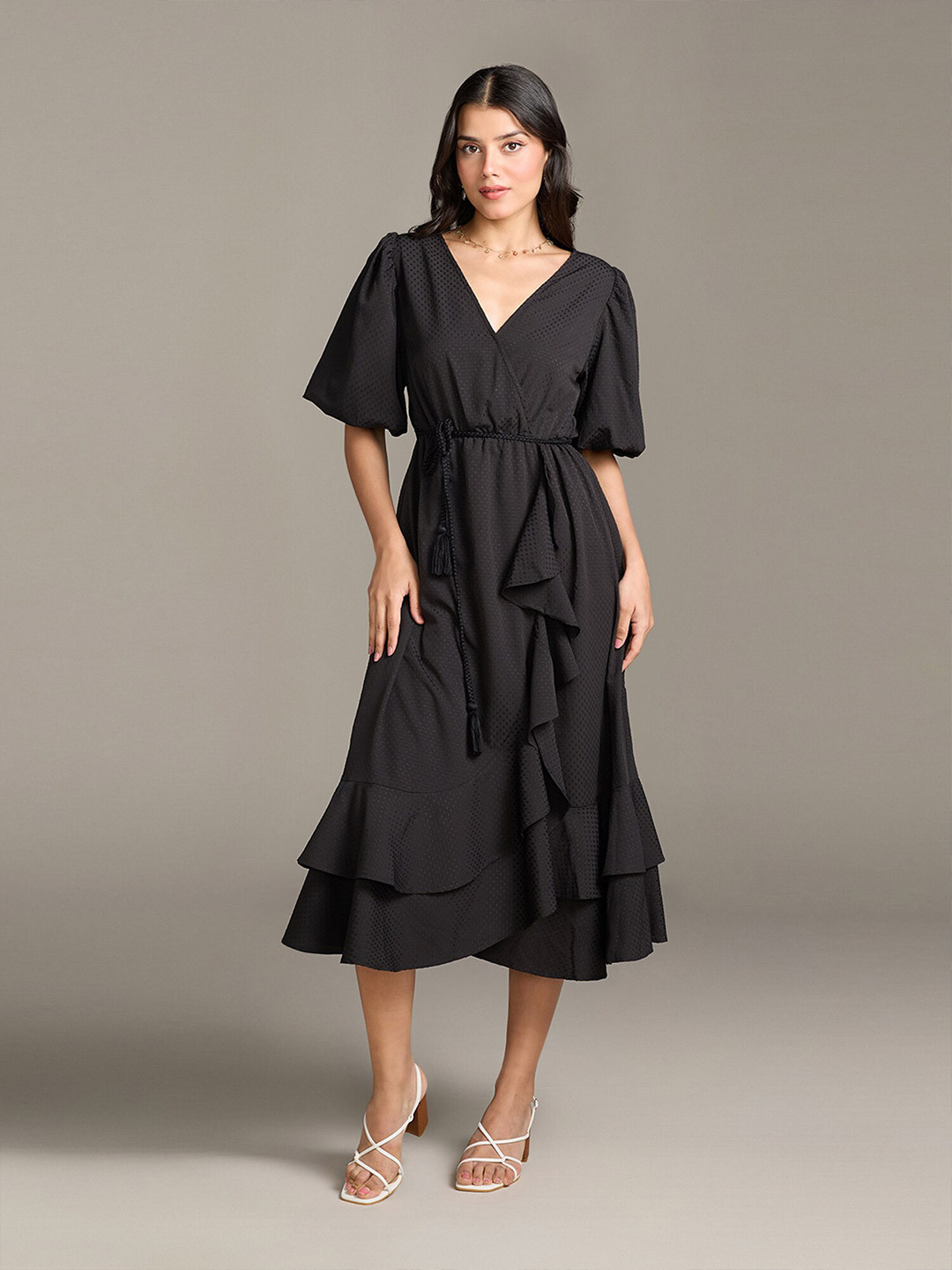 20Dresses xxd eclectic boho Black Flared Sleeve Crepe Fit & Flare Midi Dress