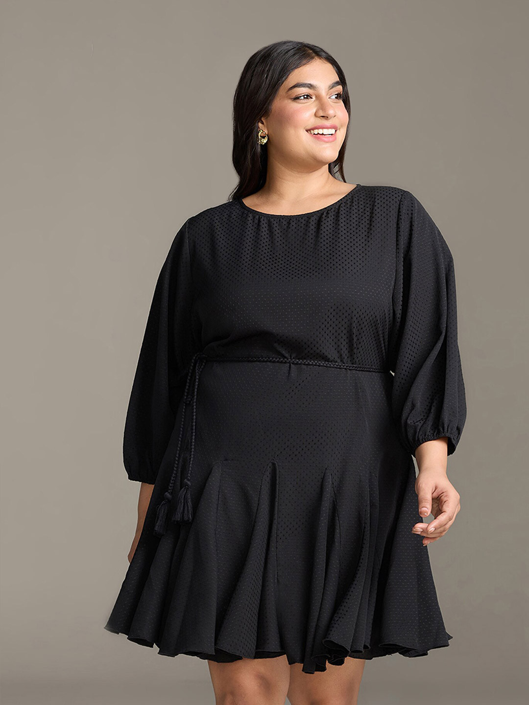 20Dresses Plus Size xxd eclectic boho Black Puff Sleeve Panelled Crepe A-Line Dress