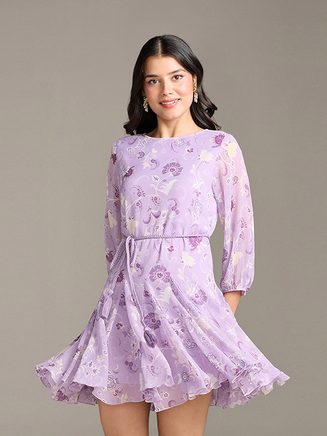 20Dresses xxd eclectic boho Purple Floral Print Puff Sleeve Chiffon Fit & Flare Dress