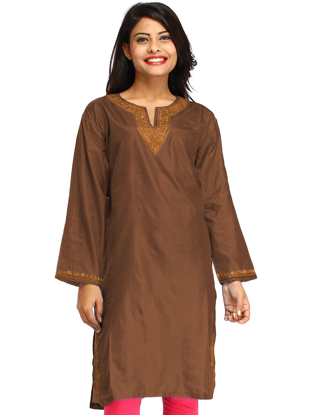 Exotic India Cocoa Brown Plain Kashmiri Long Kurti with Aari Embroidery on Neck