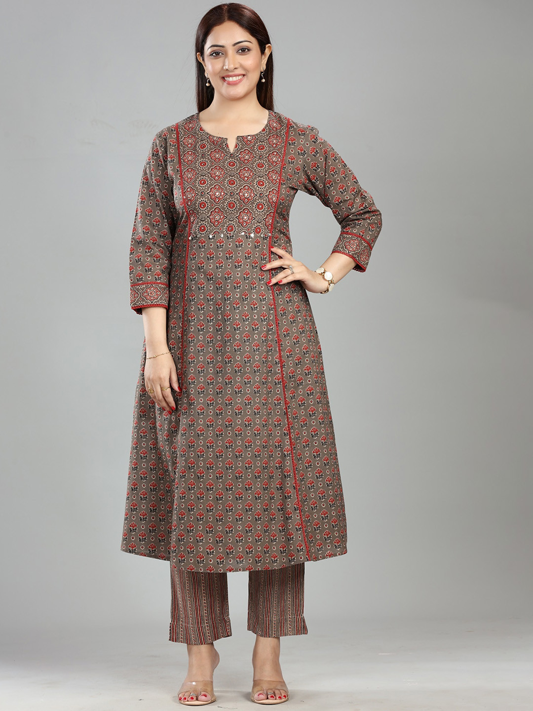 COTTON CULTURE Ethnic Motifs Printed Round Neck Panelled Pure Cotton Kurta with Palazzos