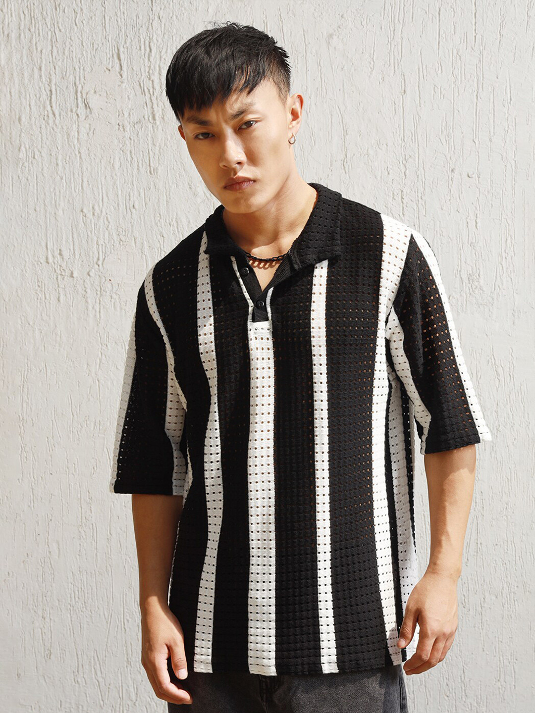 Hubberholme Striped Crochet Polo Collar Cotton T-shirt