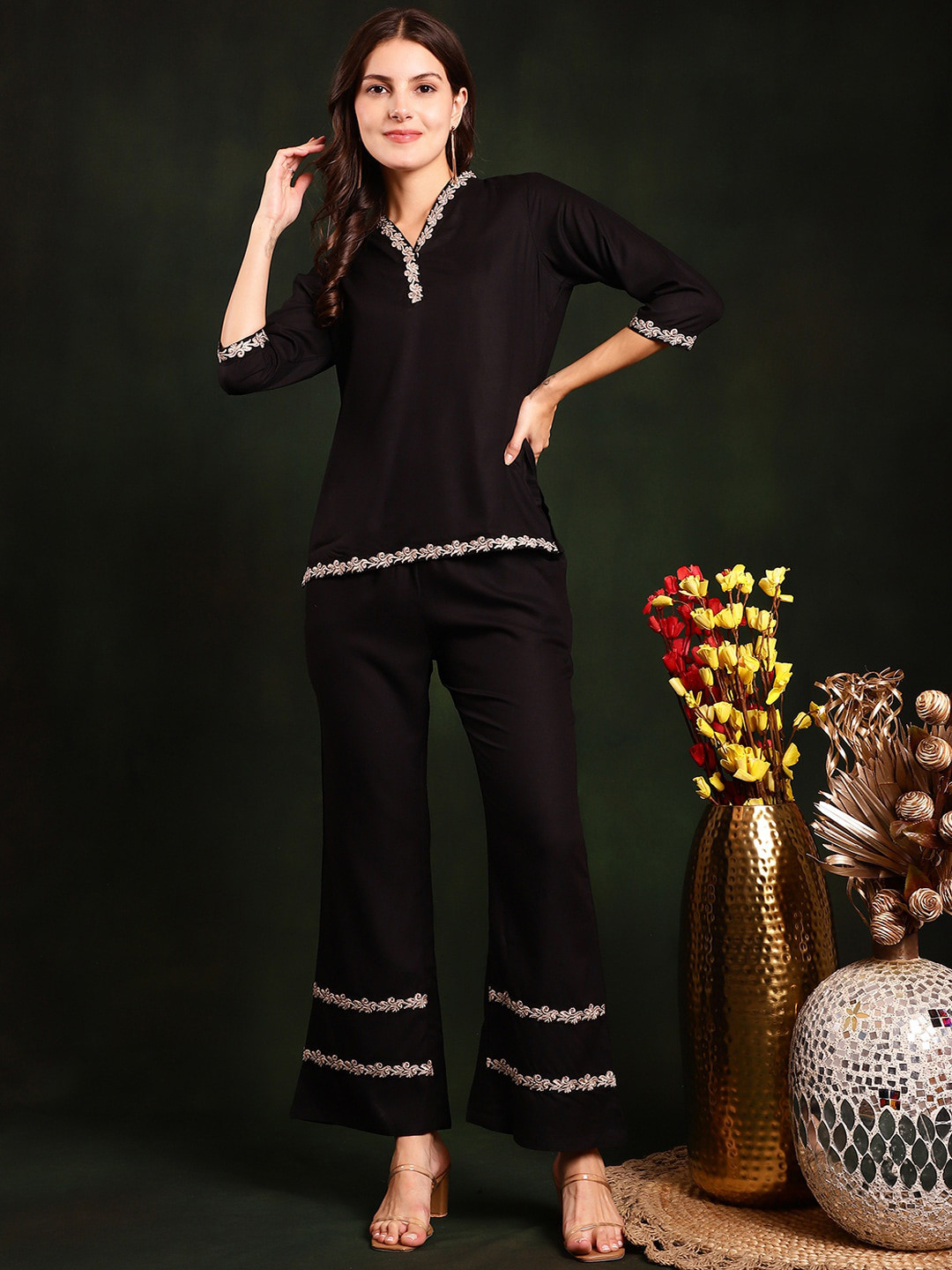 Claura Black Embroidered V-Neck Tunic With Trousers