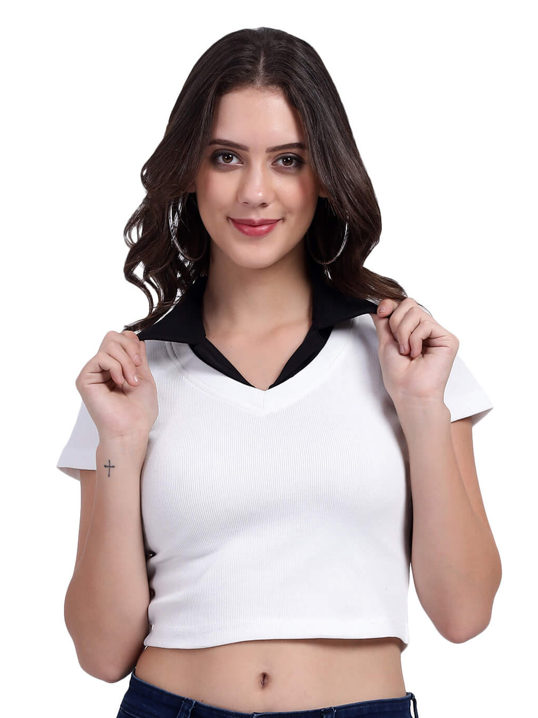 TABADTOD Shirt Collar Rib Crop Top