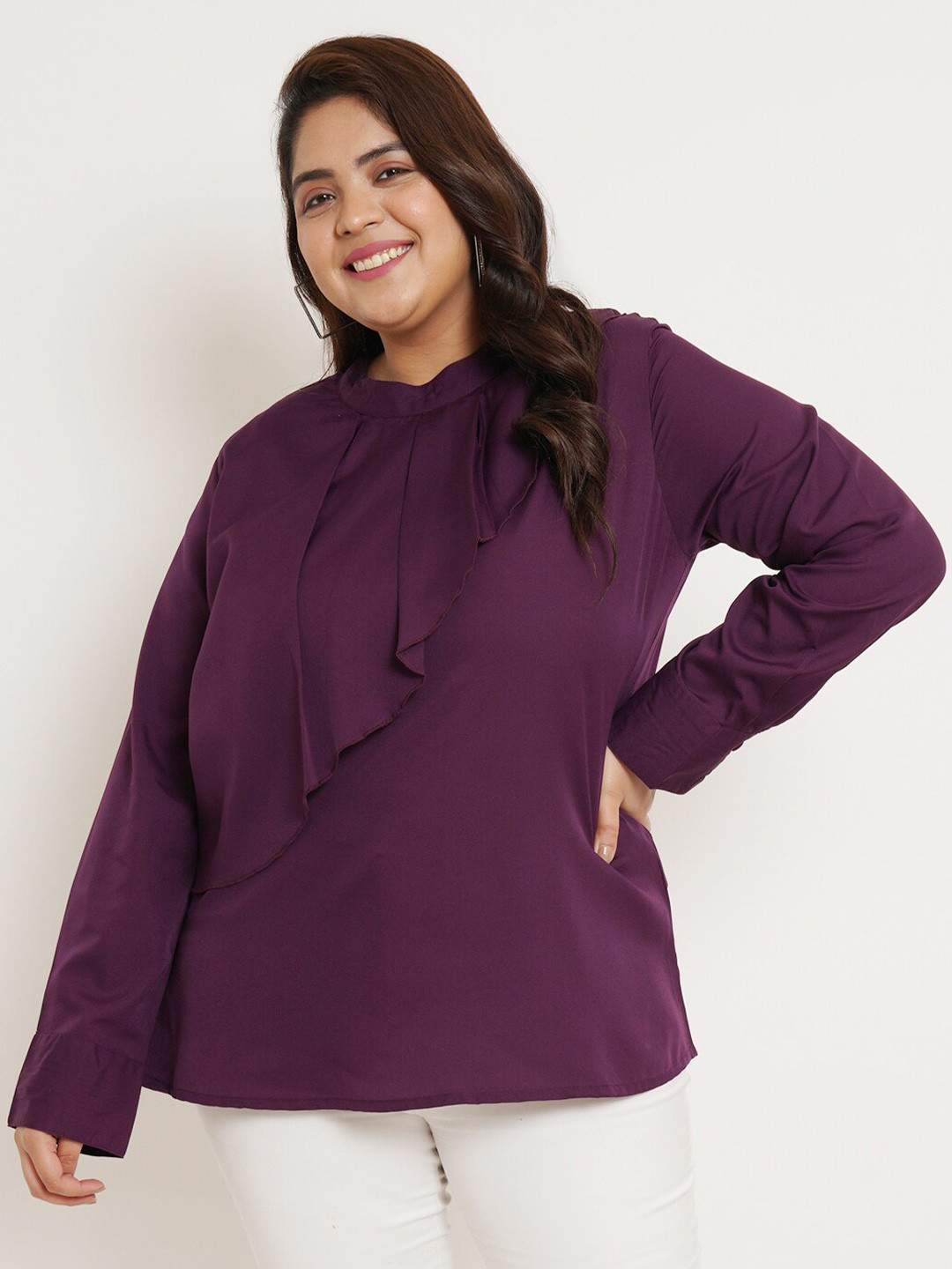 U&F Beyond Mandarin Collar Ruffles Crepe Top