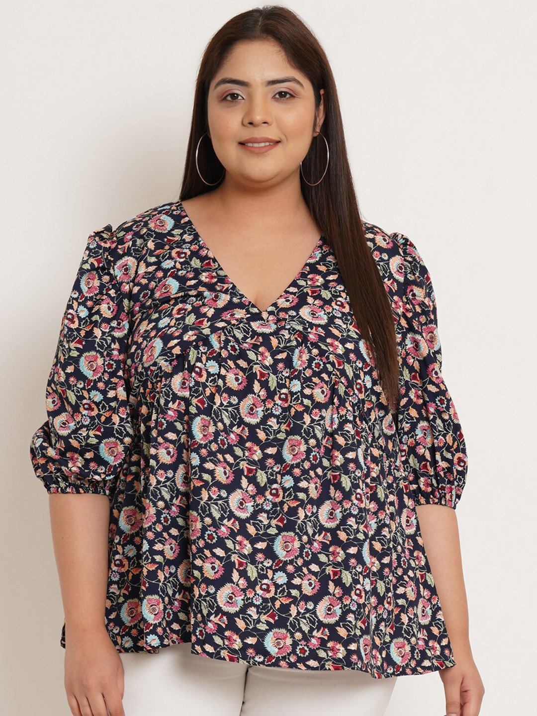 U&F Beyond Floral Print Puff Sleeve Crepe Top