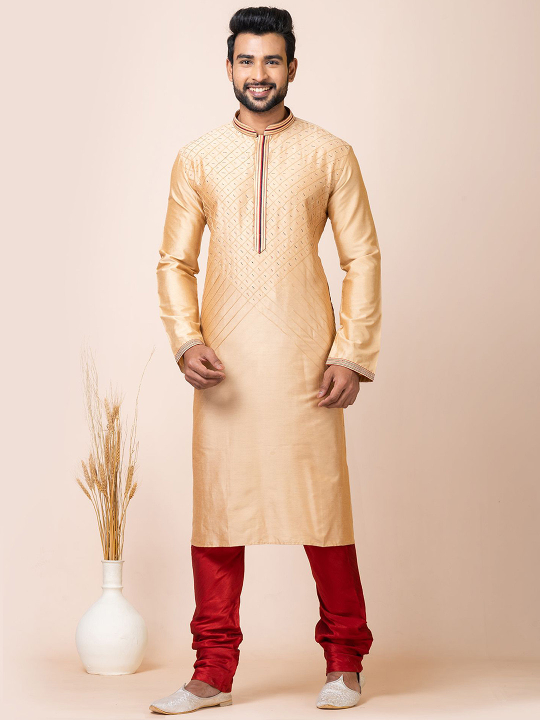 ROOTED LIBAAS Geometric Embroidered Regular Thread Work Straight Kurta With Churidar
