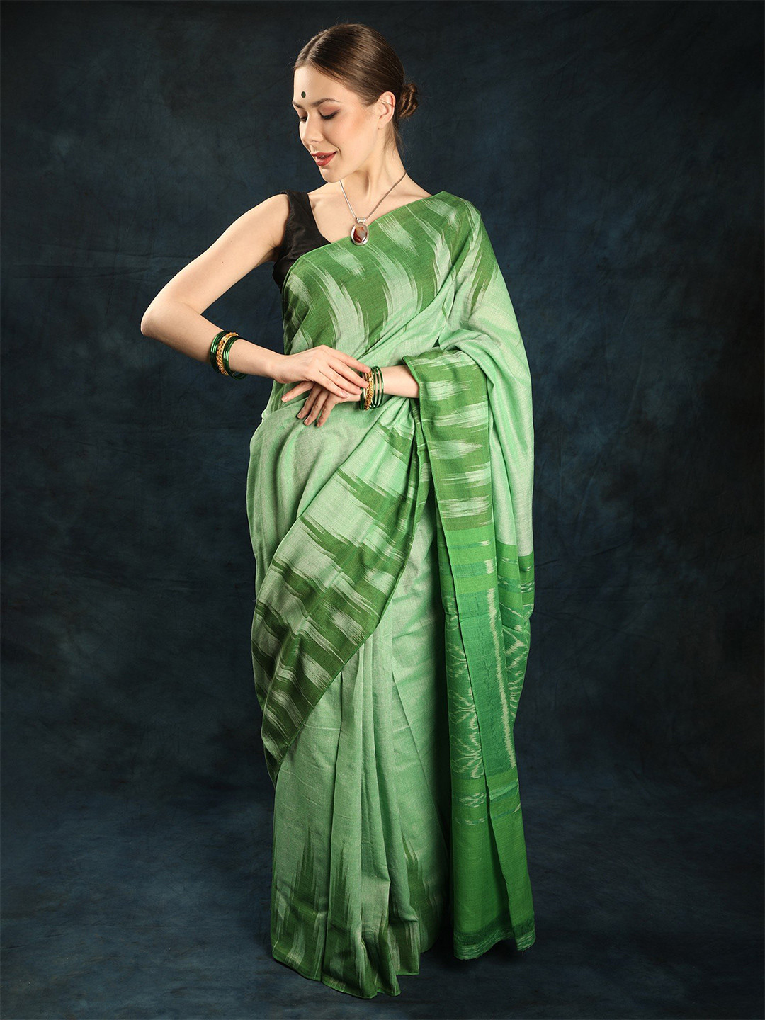 Exotic India Mist Green Temple Border Pure Cotton Sambhalpuri Saree with Ikat Woven Pallu