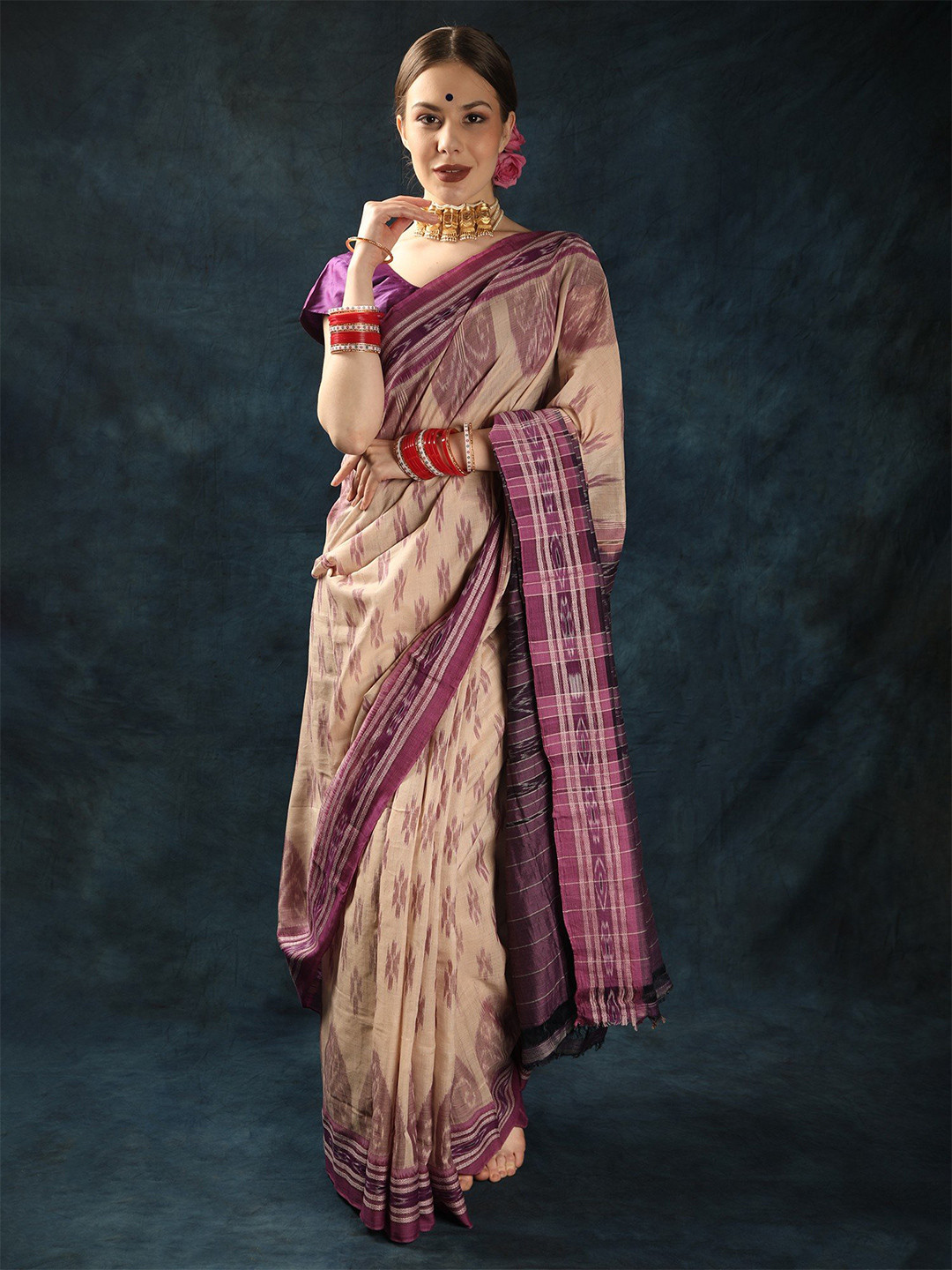 Exotic India Pure Cotoon Ikat Woven Brazilian Sand Sambhalpuri Saree