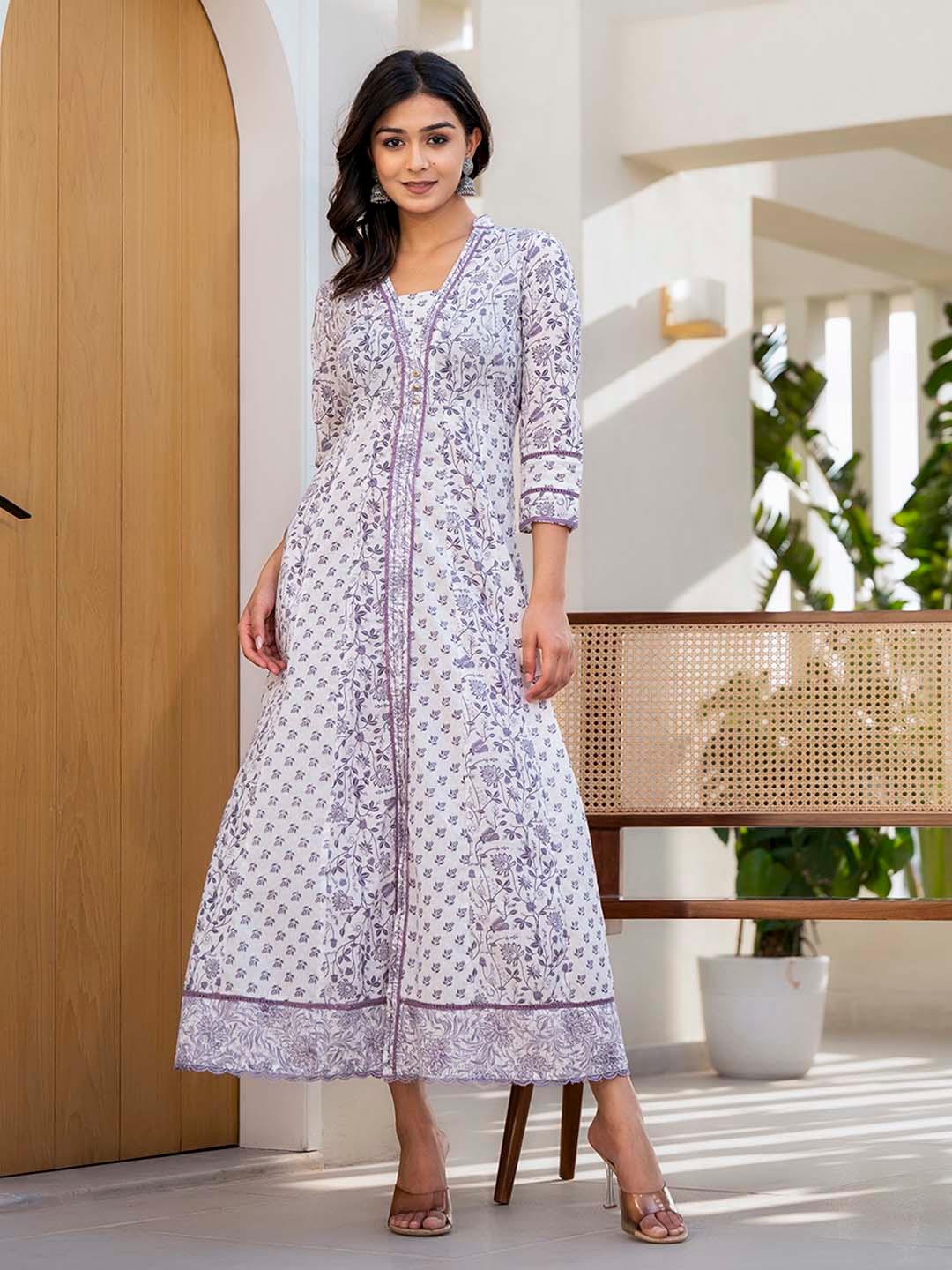 Yufta Purple Ethnic Motifs Printed Mandarin Collar Embroidered Cotton Maxi A-Line Dress