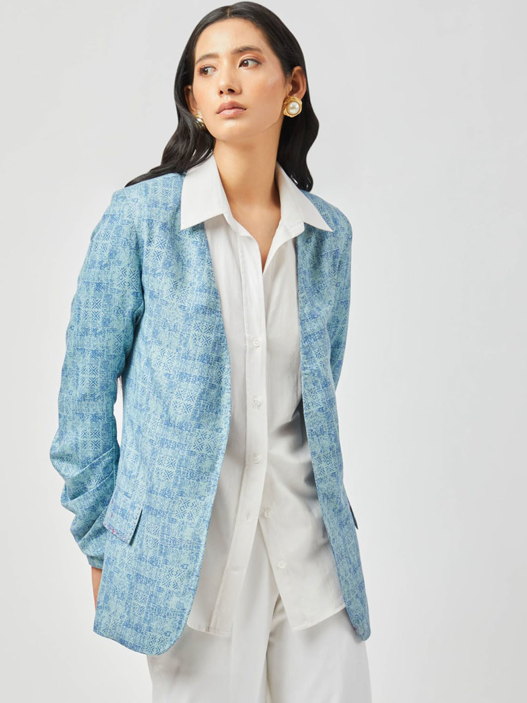 Contemponari Printed Tailored-Fit Linen Open Front Blazer