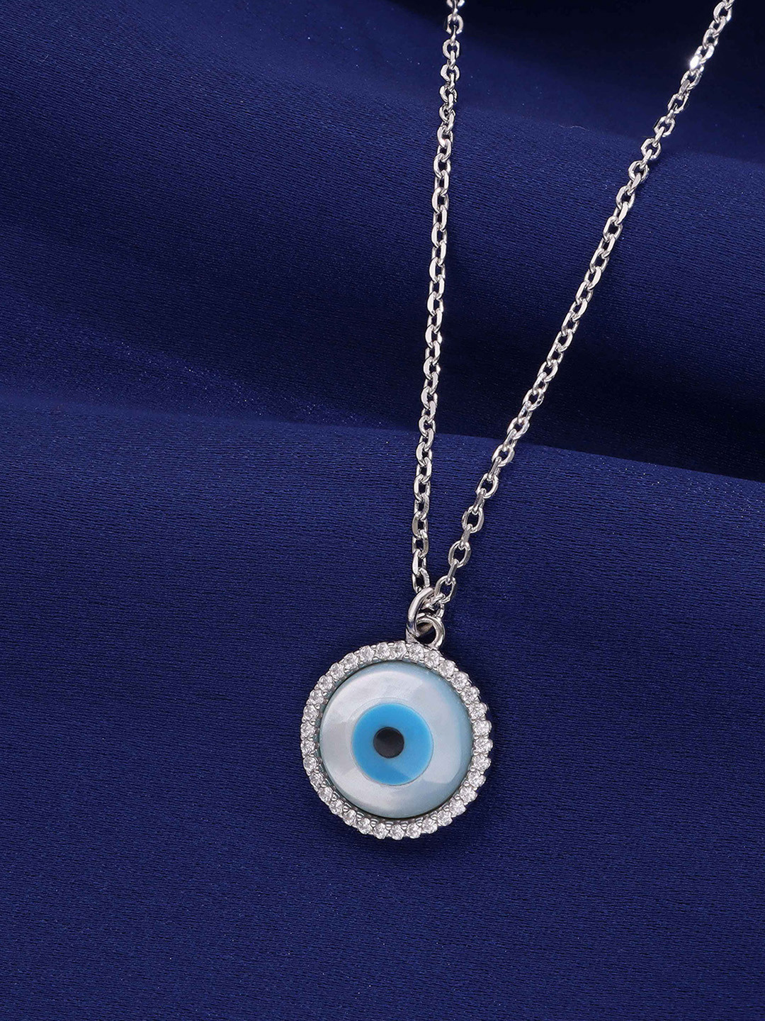 KAI JEWEL Rhodium-Plated Diamond-Studded 92.5 Sterling Silver Evil Eye Pendant With Chain