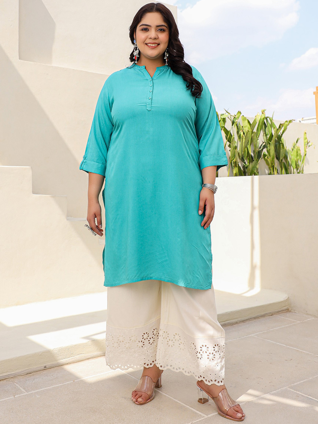 Juniper Plus Size Zari Mandarin Collar A-Line Kurta