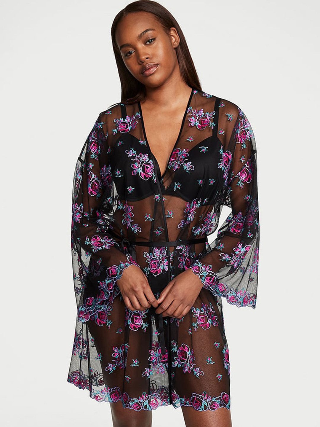 Victoria's Secret Floral Embroidery Sheer Mesh Robe