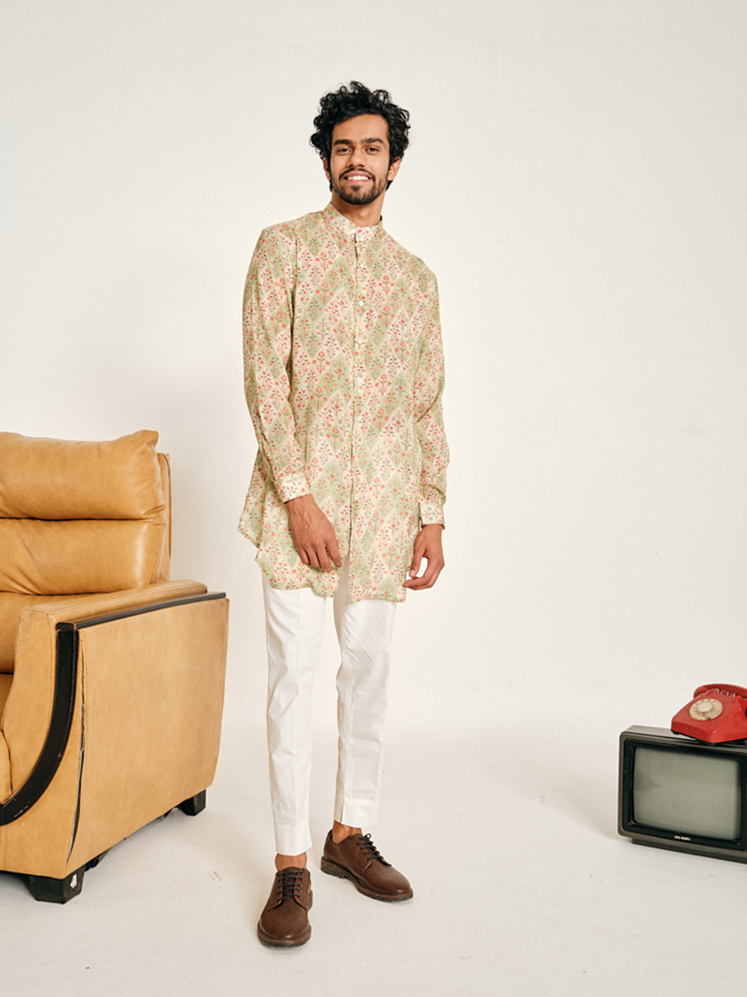 Project Bandi Floral Printed Band Collar Straight Regular Kurta with Trousers