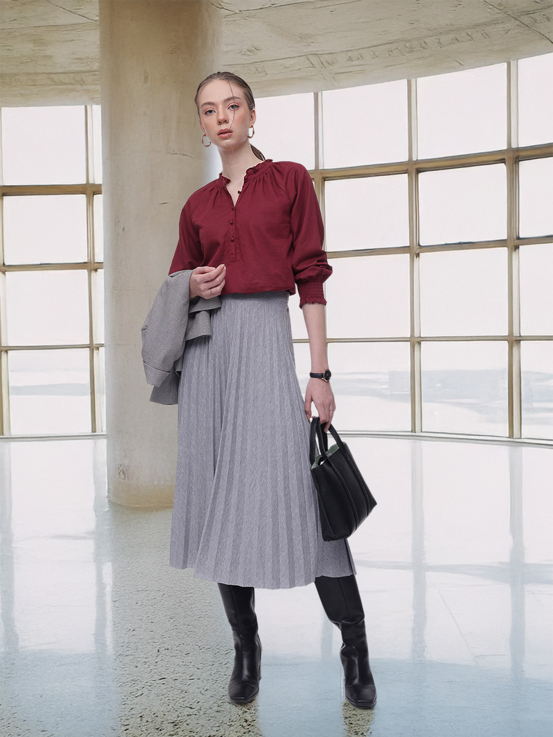 French Connection Band Collar Raglan Sleeves Gathered Detailed Cotton Linen Top