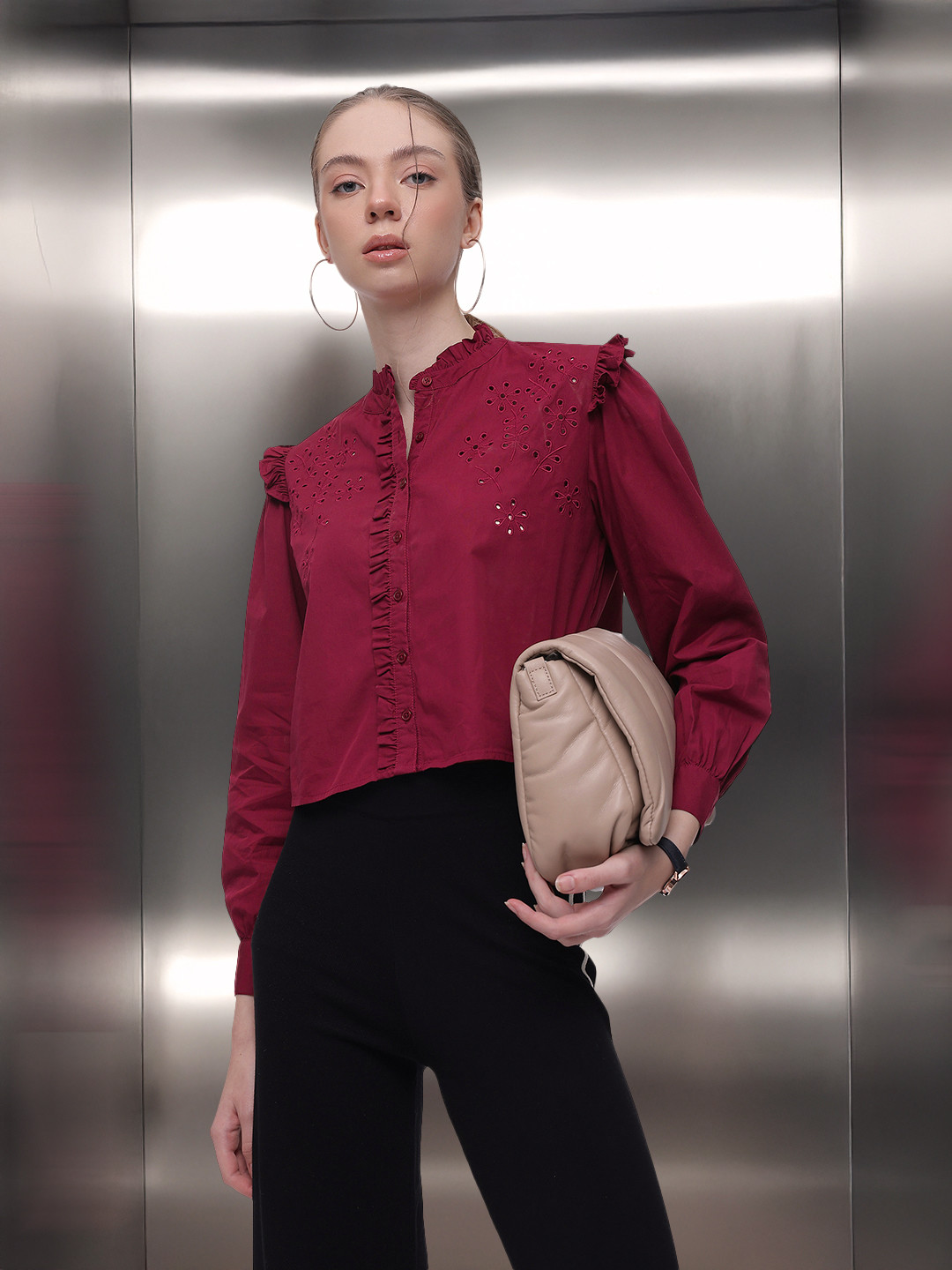 French Connection Floral Embroidered Band Collar Ruffles Pure Cotton Shirt Style Crop Top