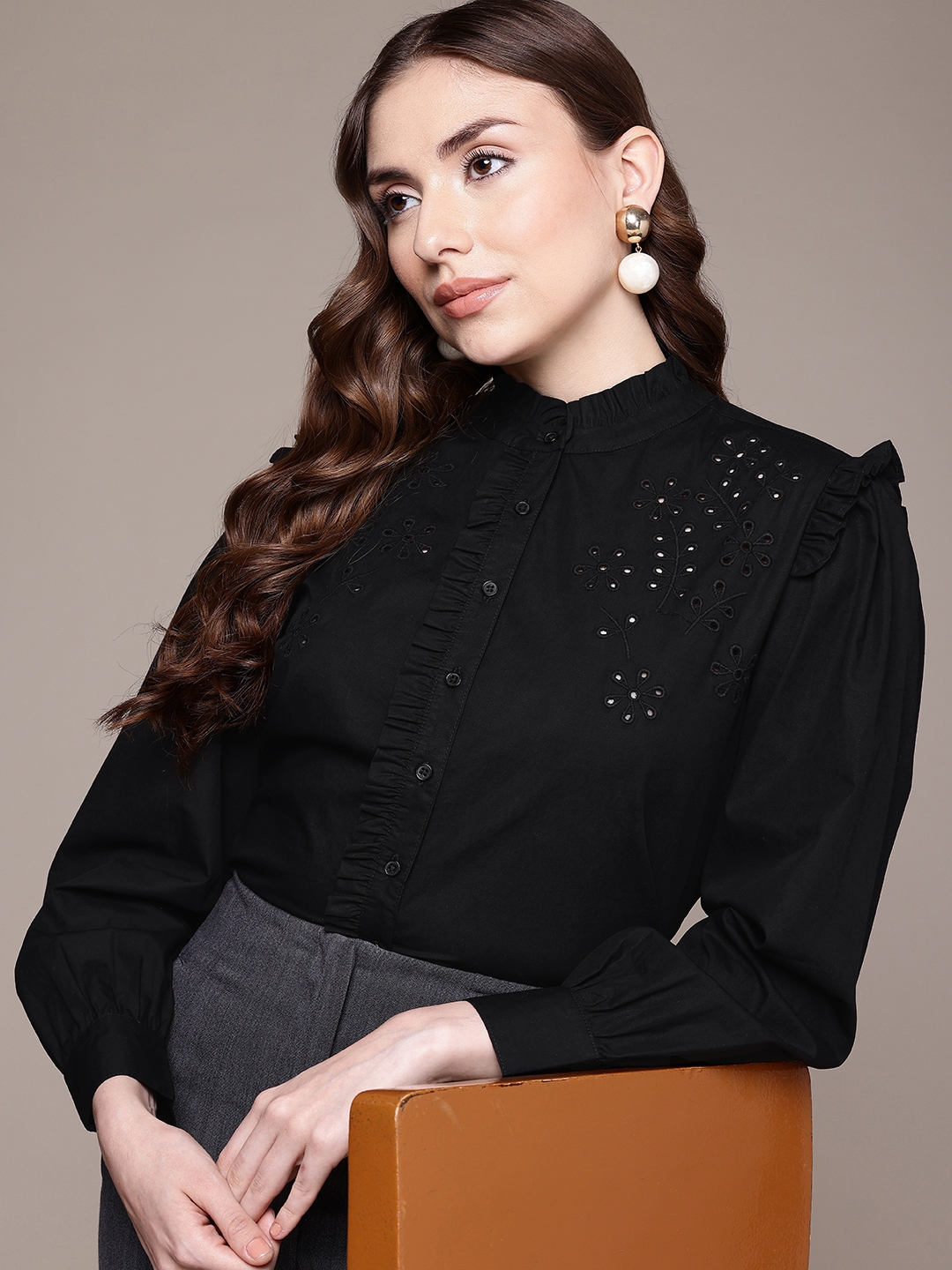 French Connection Floral Embroidered Band Collar Ruffles Pure Cotton Shirt Style Crop Top - Tops for Women 29410372 | Myntra