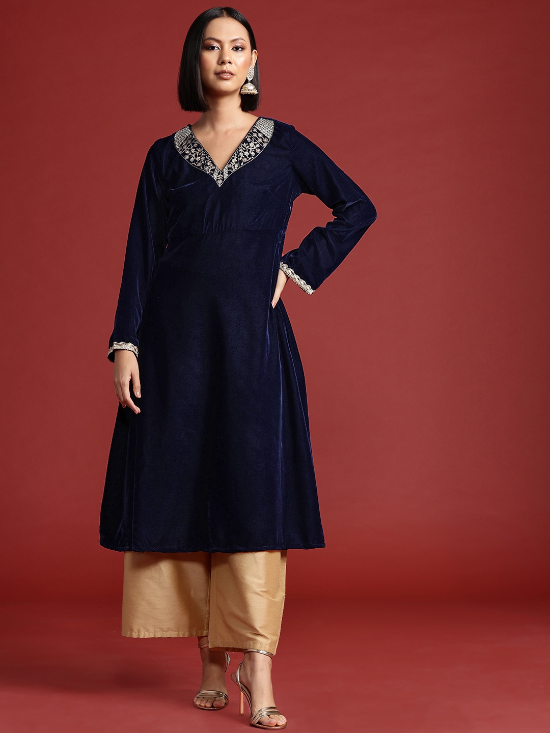 All About You Velvet Finish Embroidered Kurta - Kurtas for Women 29410716 | Myntra