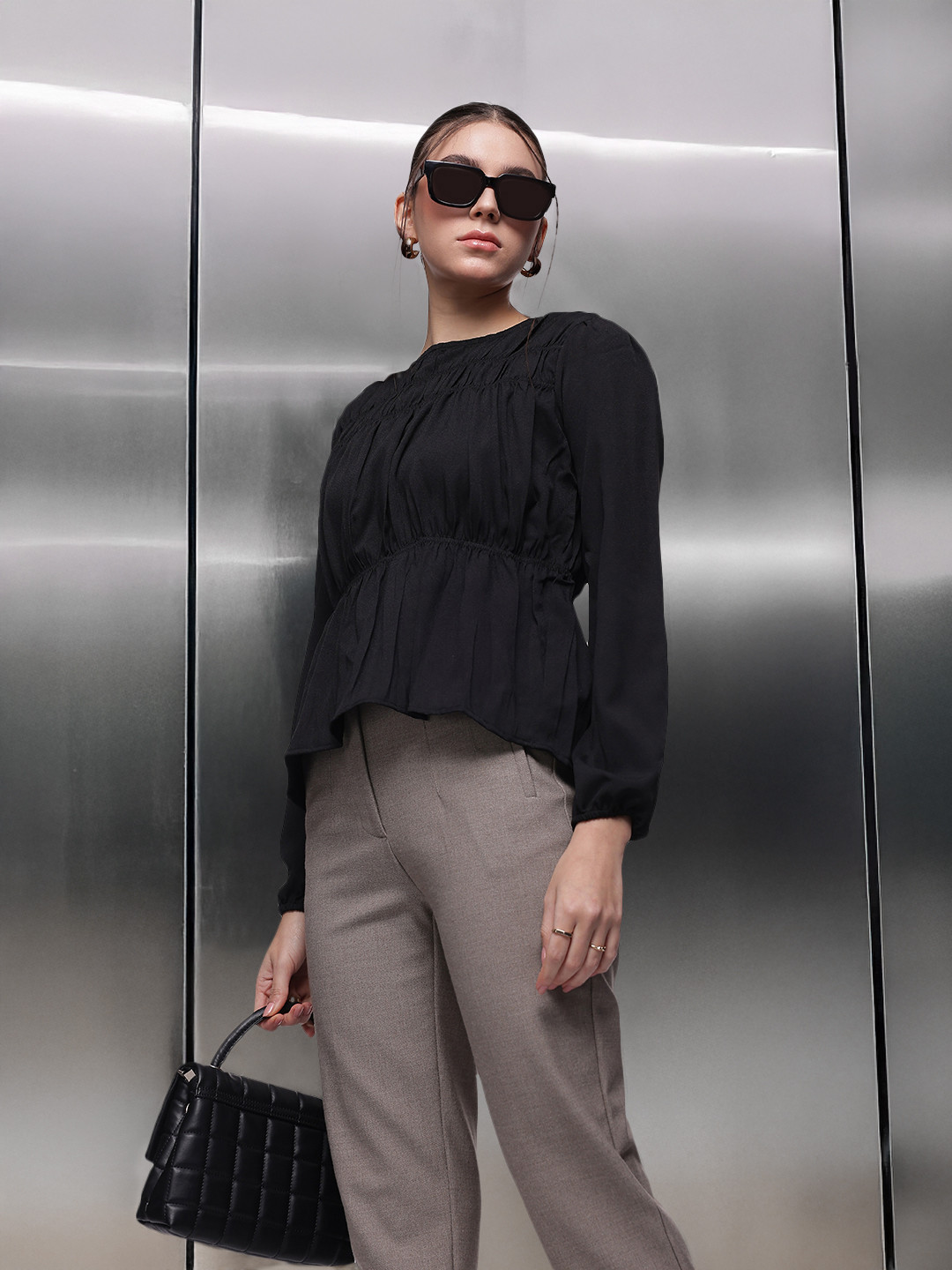 French Connection Gathered Long Sleeves A-line Top