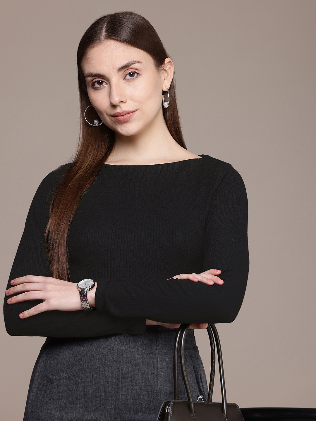 French Connection Long Sleeves Ribbed Fitted Top