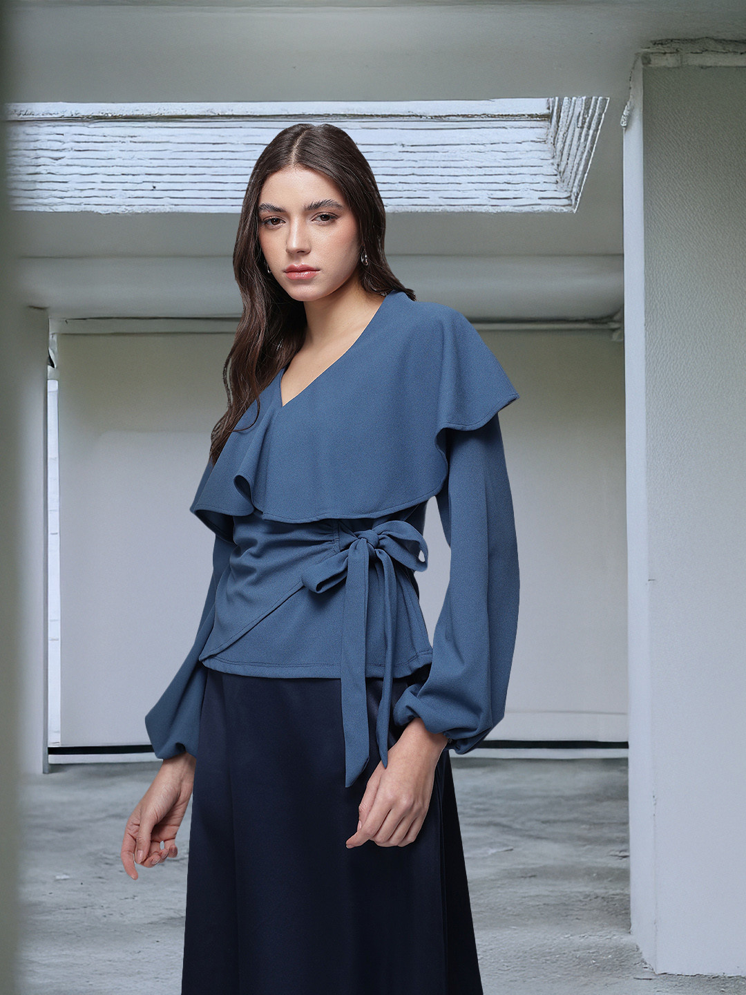 French Connection V-Neck Layered Waist Tie-Up Top