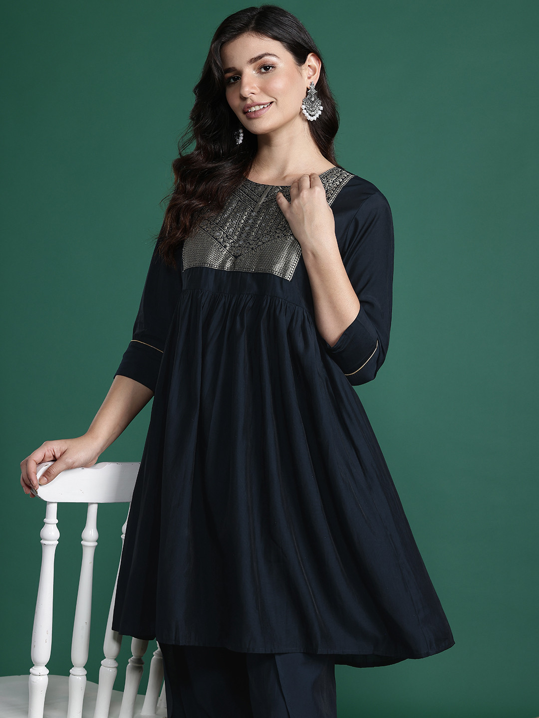 Sangria Brocade Floral Embroidered Regular A-Line Kurta with Dhoti Pants