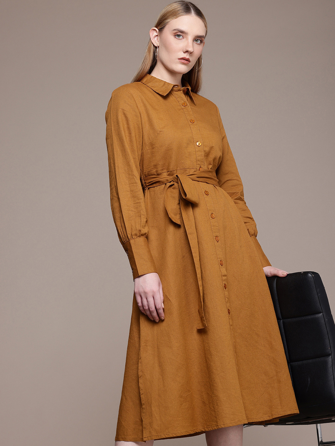 French Connection Cotton Linen Shirt Style Midi Dress