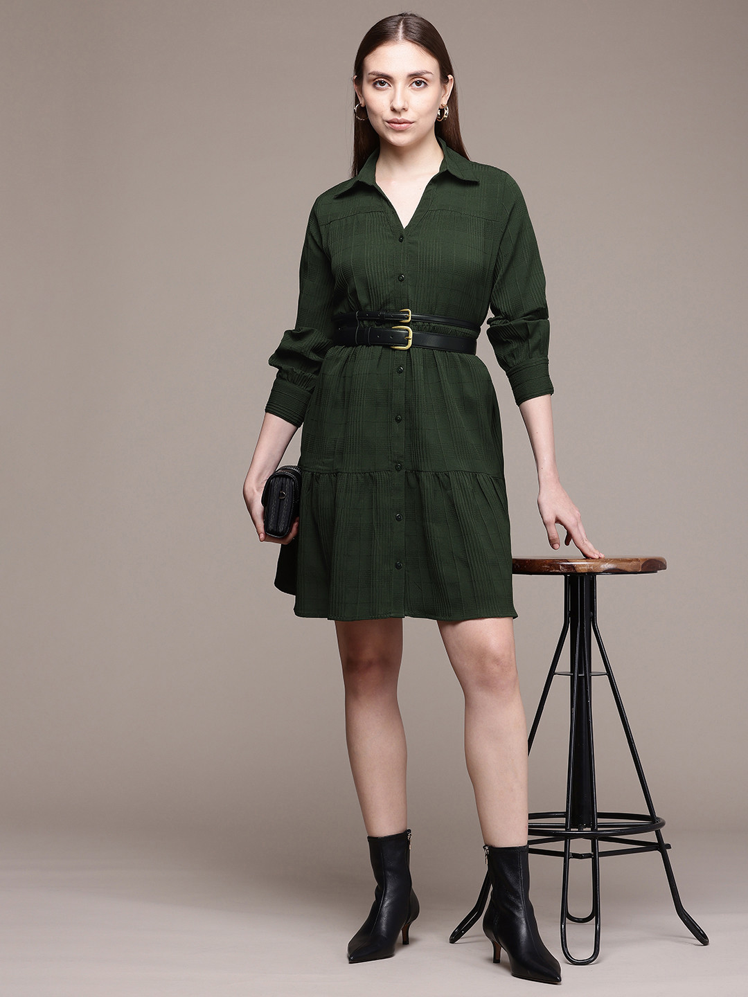 French Connection Self Design Flounce Hem Shirt Style Dress