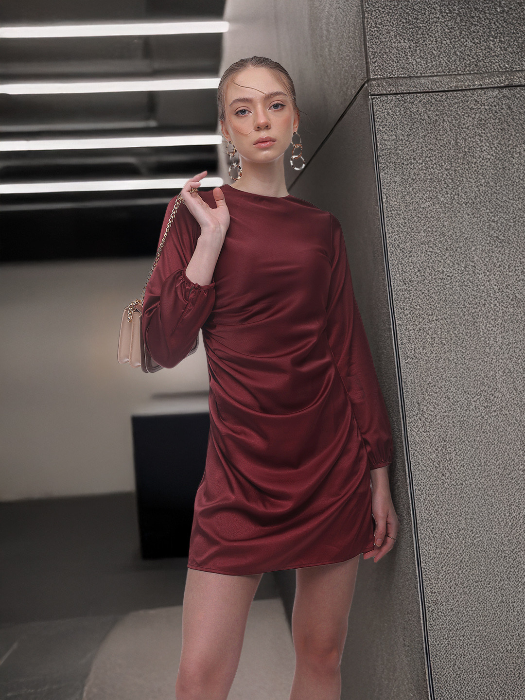 French Connection Gathered or Pleated Ruched Satin Sheath Mini Dress