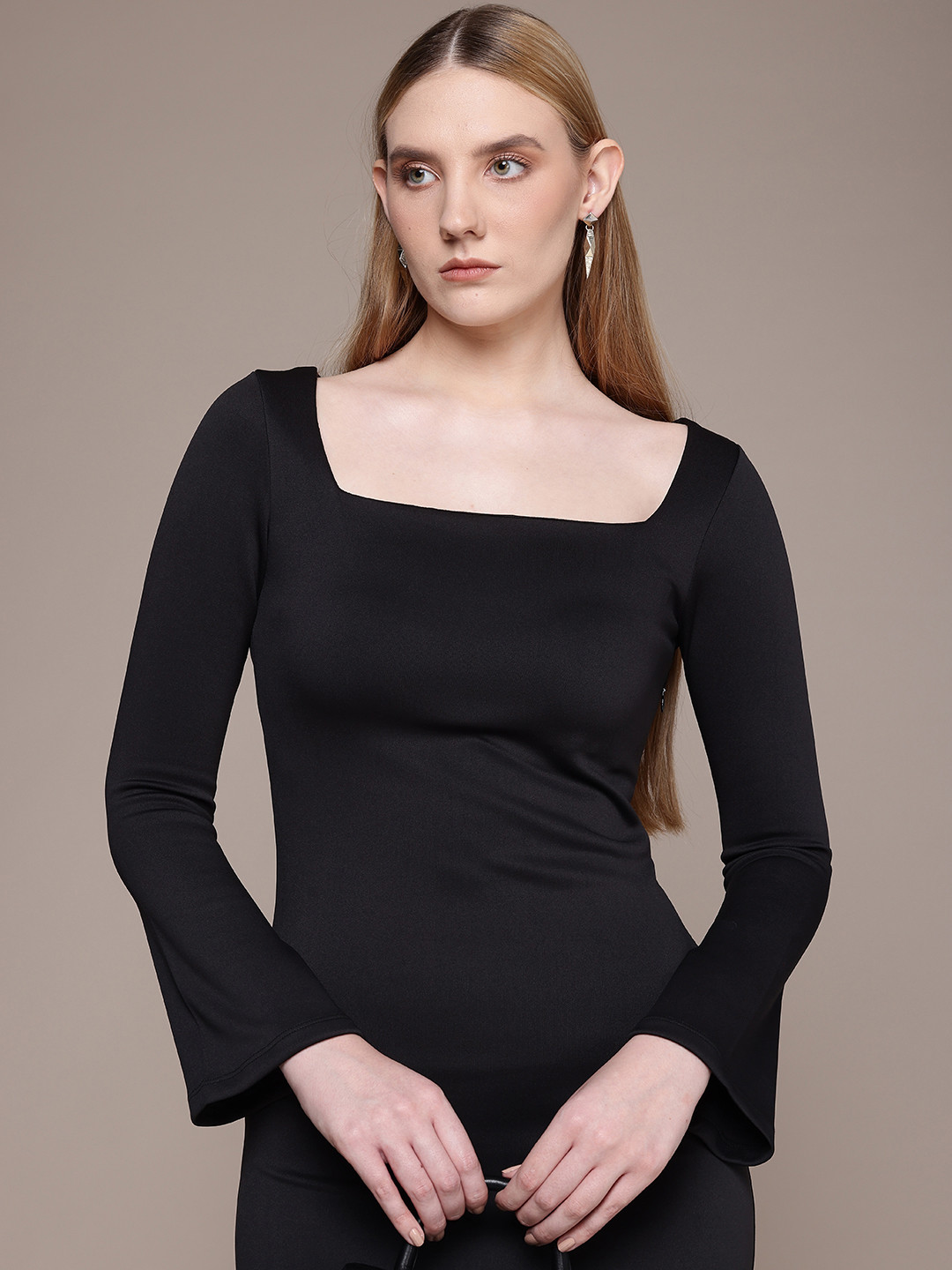 French Connection Square Neck Flared Sleeves Sheath Midi Dress