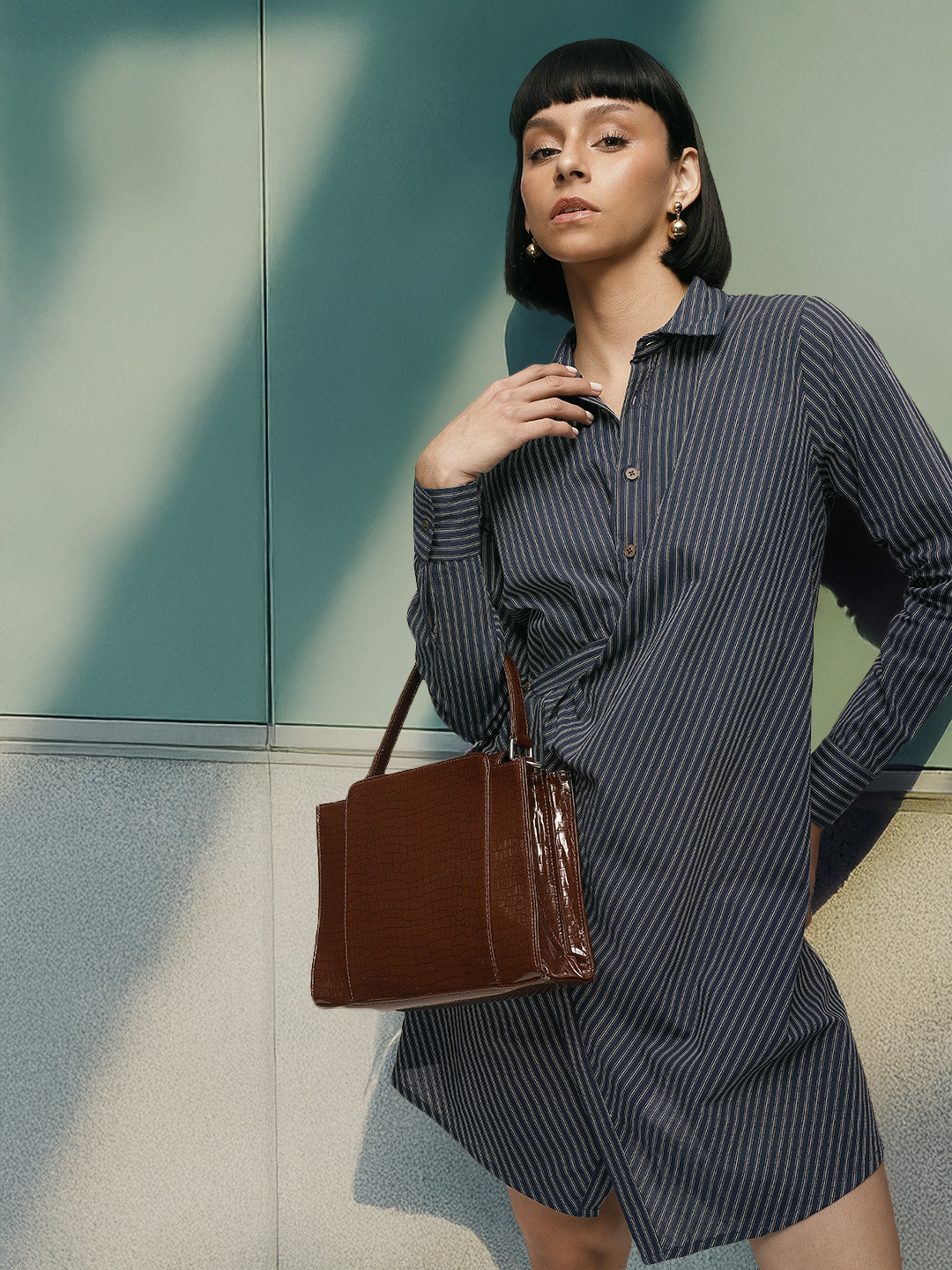 French Connection Striped Cuffed Sleeves Pure Cotton Shirt Mini Dress