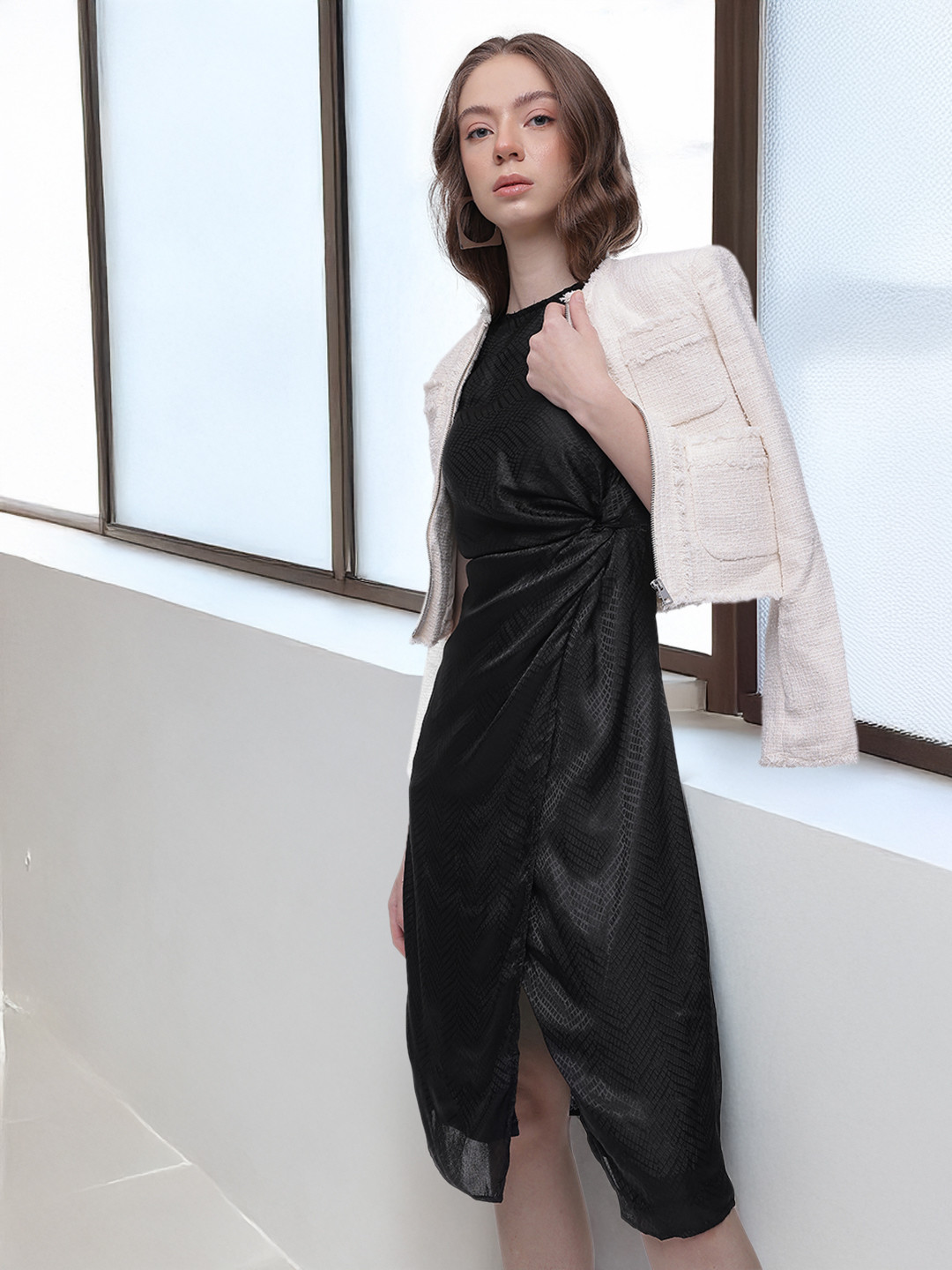 French Connection Checked Boat Neck Gathered or Pleated A-Line Midi Dress