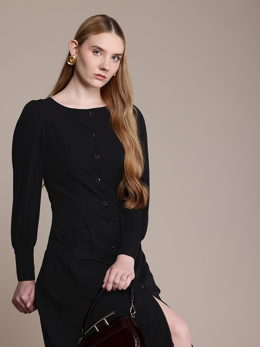 French Connection Cuffed Sleeve Shirt Style Midi Dress