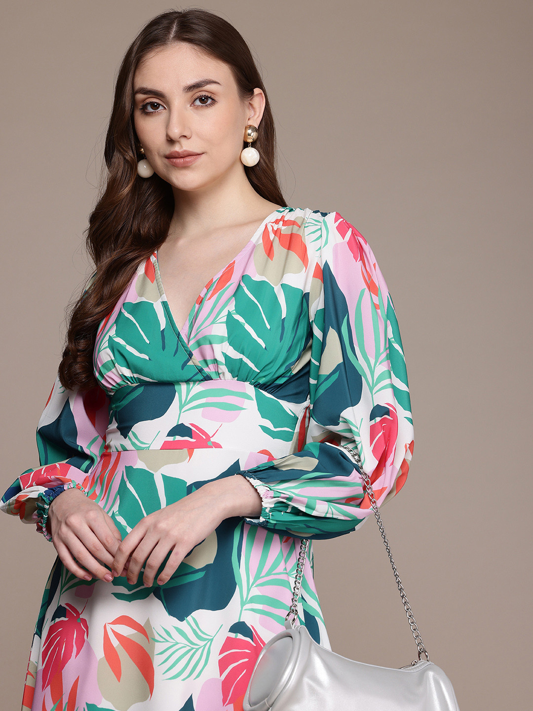 French Connection Tropical Printed Smocked Fit & Flare Midi Dress