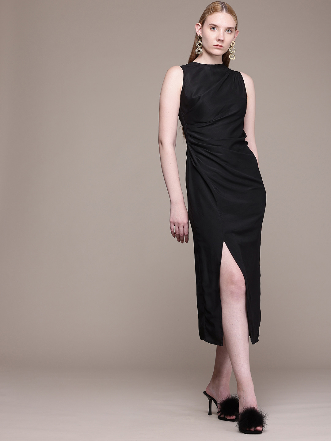 French Connection Pleated Detailed Sheath Midi Dress With High Slit