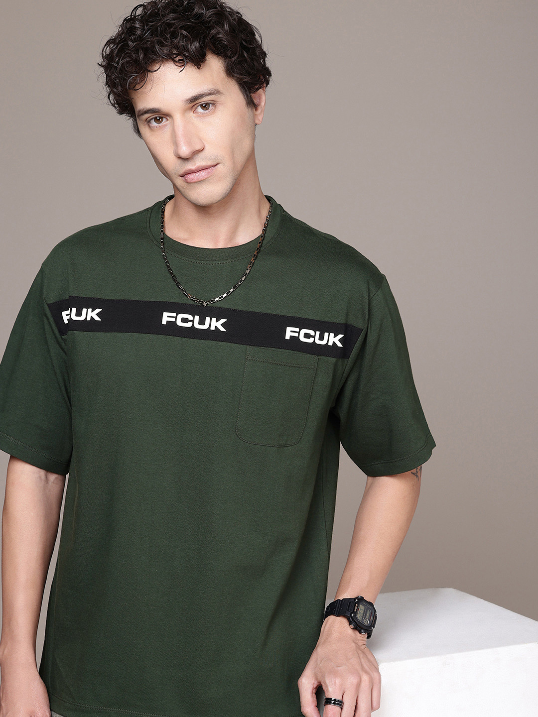 FCUK Brand Logo Printed Drop-Shoulder Sleeves Relaxed Fit Pure Cotton T-shirt